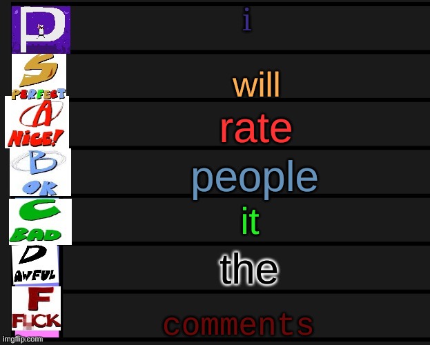 pizza tower tier list V1 | i; will; rate; people; it; the; comments | image tagged in pizza tower tier list v1 | made w/ Imgflip meme maker