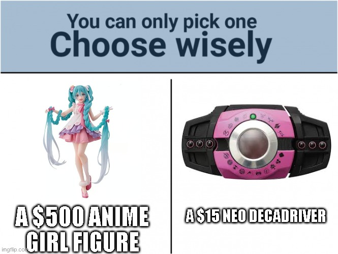 hard choice isn't it | A $500 ANIME GIRL FIGURE; A $15 NEO DECADRIVER | image tagged in you can pick only one choose wisely,kamen rider | made w/ Imgflip meme maker