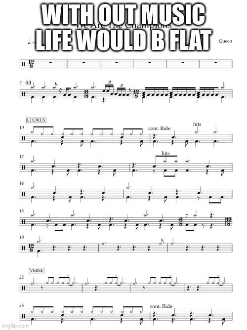 Queen We are the champions drum sheet music | WITH OUT MUSIC LIFE WOULD B FLAT | image tagged in queen we are the champions drum sheet music | made w/ Imgflip meme maker
