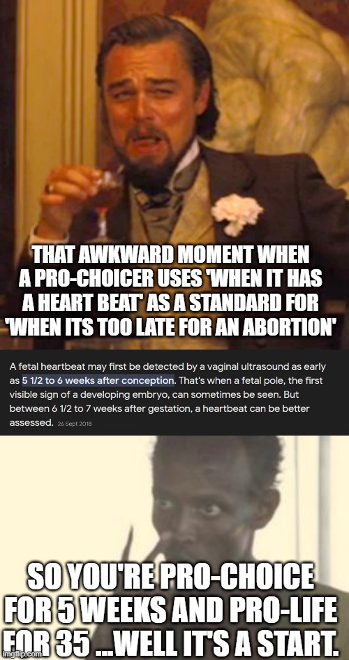 with a few basic facts we can probably get that down by another 2-3 weeks by the end of the night... | THAT AWKWARD MOMENT WHEN A PRO-CHOICER USES 'WHEN IT HAS A HEART BEAT' AS A STANDARD FOR 'WHEN ITS TOO LATE FOR AN ABORTION'; SO YOU'RE PRO-CHOICE FOR 5 WEEKS AND PRO-LIFE FOR 35 ...WELL IT'S A START. | image tagged in memes,laughing leo,look at me | made w/ Imgflip meme maker