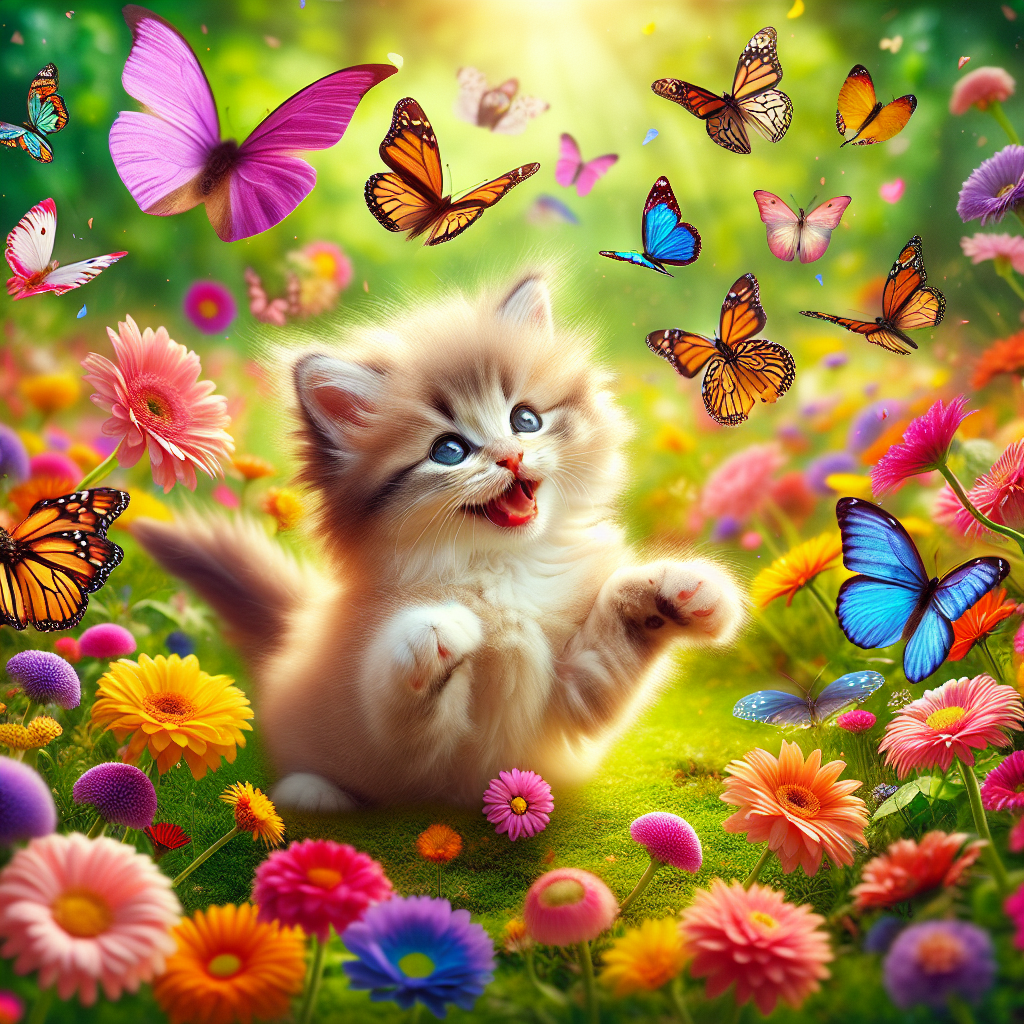High Quality very cute fluffy kitten frolicking with butterflies in a flower Blank Meme Template