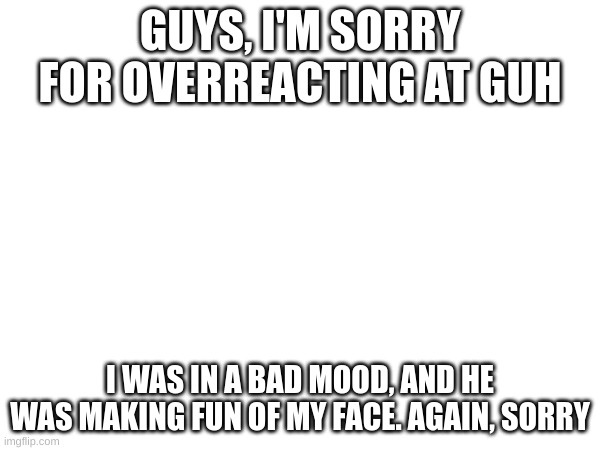 GUYS, I'M SORRY FOR OVERREACTING AT GUH; I WAS IN A BAD MOOD, AND HE WAS MAKING FUN OF MY FACE. AGAIN, SORRY | made w/ Imgflip meme maker