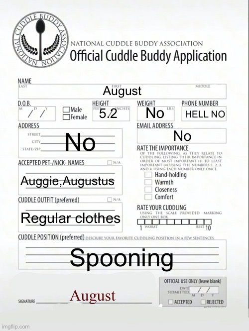 Cuddle Buddy Application | August; No; HELL NO; 5.2; No; No; Auggie,Augustus; Regular clothes; Spooning; August | image tagged in cuddle buddy application | made w/ Imgflip meme maker