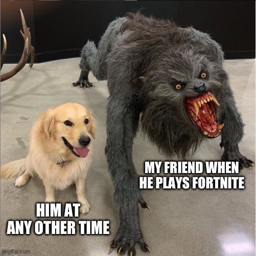 Fortnite | MY FRIEND WHEN HE PLAYS FORTNITE; HIM AT ANY OTHER TIME | image tagged in dog vs werewolf,fortnite,rage | made w/ Imgflip meme maker