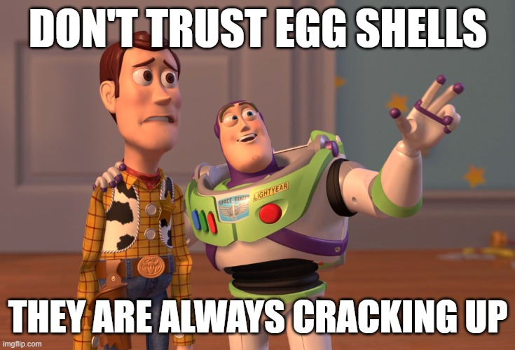 X, X Everywhere | DON'T TRUST EGG SHELLS; THEY ARE ALWAYS CRACKING UP | image tagged in memes,x x everywhere | made w/ Imgflip meme maker