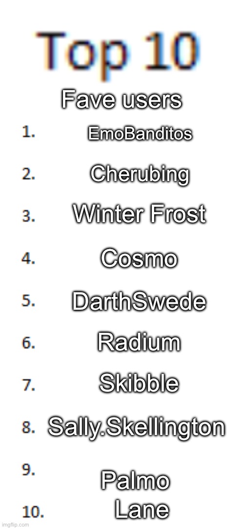 Top 10 List | Fave users; EmoBanditos; Cherubing; Winter Frost; Cosmo; DarthSwede; Radium; Skibble; Sally.Skellington; Palmo; Lane | image tagged in top 10 list | made w/ Imgflip meme maker