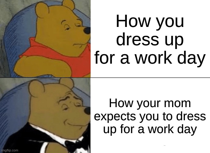 Tuxedo Winnie The Pooh Meme | How you dress up for a work day; How your mom expects you to dress up for a work day | image tagged in memes,tuxedo winnie the pooh | made w/ Imgflip meme maker