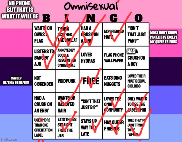 Omnisexual Bingo! | NO PHONE, BUT THAT IS WHAT IT WILL BE; MOST DON’T KNOW PAN EXISTS EXCEPT MY QUEER FRIENDS; HAS; MAYBE? HE/THEY OR HE/HIM | image tagged in omnisexual bingo | made w/ Imgflip meme maker