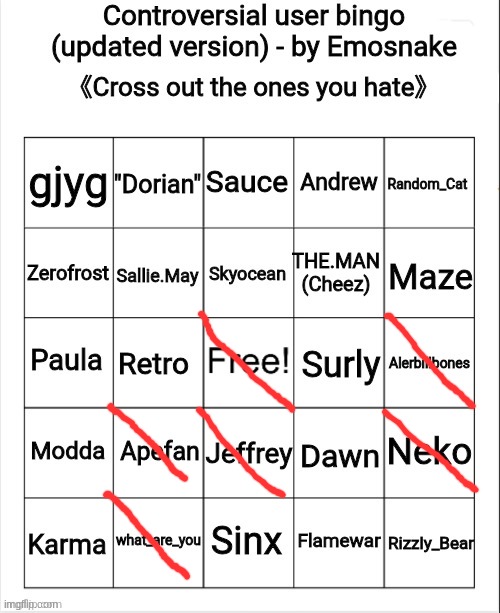 surlykong69 is decent in my opinion (Fight me if you want) | image tagged in controversial user bingo updated version - by emosnake,memes,funny,user,imgflip | made w/ Imgflip meme maker