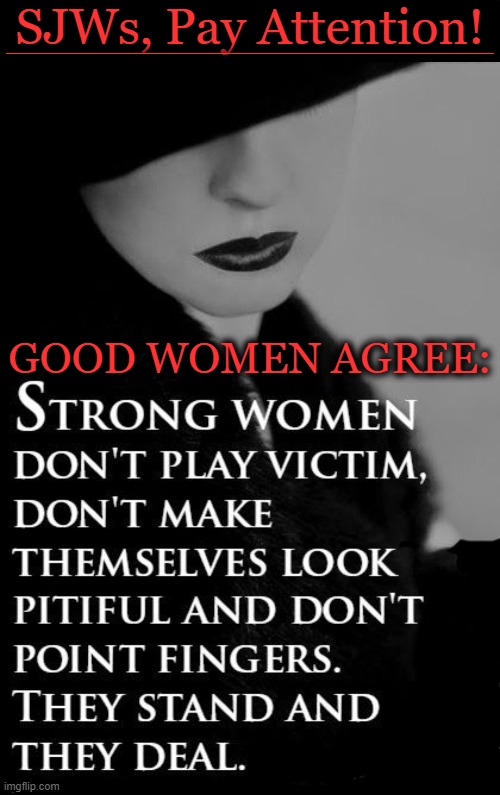 To the perpetual 'victims' playing the blame game & the race card: Quitcherbellyachin! | SJWs, Pay Attention! _________________________________; GOOD WOMEN AGREE: | image tagged in politics,social justice warriors,liberals,women,victims,strong women | made w/ Imgflip meme maker