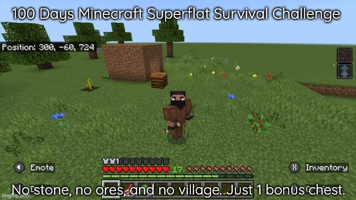 100 Days Minecraft Superflat Survival Challenge; No stone, no ores, and no village. Just 1 bonus chest. | image tagged in minecraft,gaming,video games,nintendo switch,screenshot,challenges | made w/ Imgflip meme maker