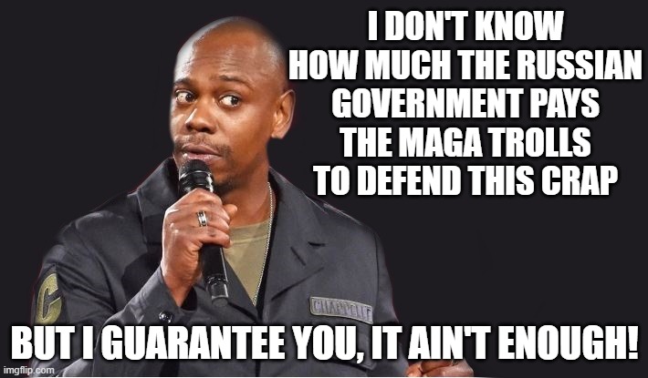 comedian  | I DON'T KNOW HOW MUCH THE RUSSIAN GOVERNMENT PAYS THE MAGA TROLLS TO DEFEND THIS CRAP BUT I GUARANTEE YOU, IT AIN'T ENOUGH! | image tagged in comedian | made w/ Imgflip meme maker