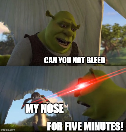 So annoying | CAN YOU NOT BLEED; MY NOSE; FOR FIVE MINUTES! | image tagged in shrek for five minutes | made w/ Imgflip meme maker