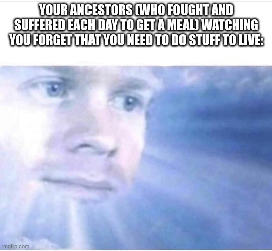 God watching | YOUR ANCESTORS (WHO FOUGHT AND SUFFERED EACH DAY TO GET A MEAL) WATCHING YOU FORGET THAT YOU NEED TO DO STUFF TO LIVE: | image tagged in god watching | made w/ Imgflip meme maker