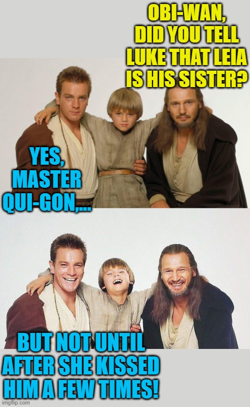 It's not wrong,... from a certain point of view. | OBI-WAN, DID YOU TELL LUKE THAT LEIA IS HIS SISTER? YES, MASTER QUI-GON,... BUT NOT UNTIL AFTER SHE KISSED HIM A FEW TIMES! | image tagged in jedi pun,star wars,memes | made w/ Imgflip meme maker