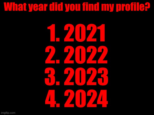 What year did you find my profile? 1. 2021
2. 2022
3. 2023
4. 2024 | made w/ Imgflip meme maker