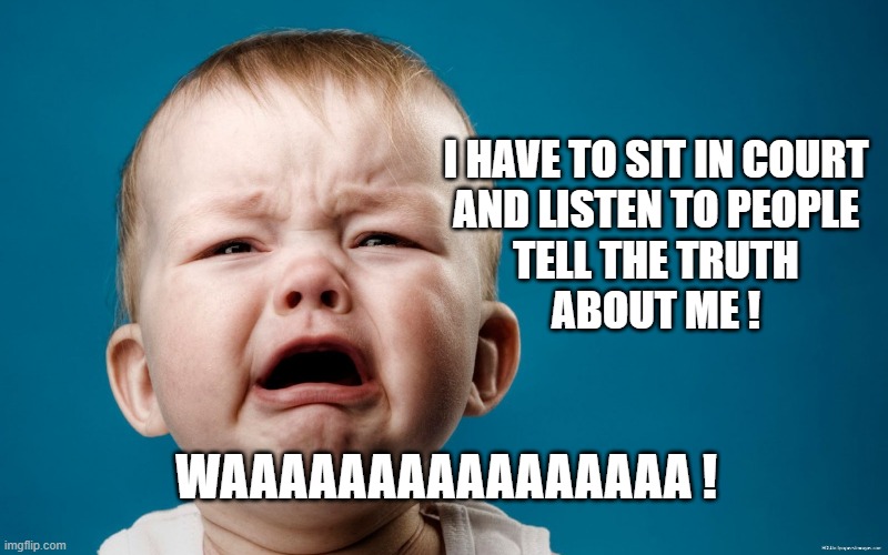 I HAVE TO SIT IN COURT
AND LISTEN TO PEOPLE
TELL THE TRUTH
ABOUT ME ! WAAAAAAAAAAAAAAAA ! | image tagged in trump,crybaby | made w/ Imgflip meme maker