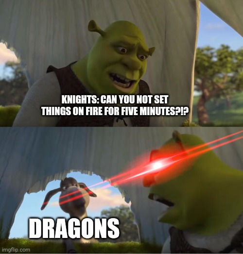 Stop setting things on fire!!! | KNIGHTS: CAN YOU NOT SET THINGS ON FIRE FOR FIVE MINUTES?!? DRAGONS | image tagged in shrek for five minutes,fantasy,jpfan102504 | made w/ Imgflip meme maker