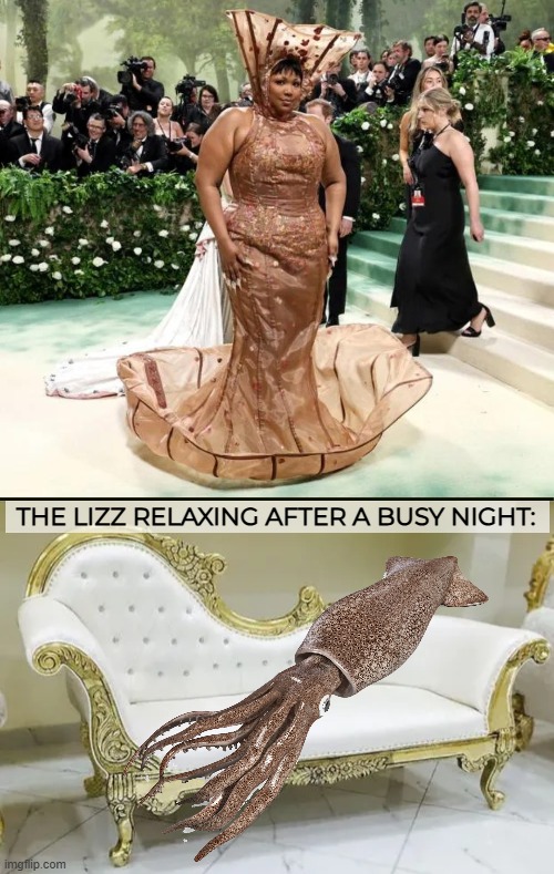 Met Gala Squidzo | THE LIZZ RELAXING AFTER A BUSY NIGHT: | image tagged in lizzo,funny | made w/ Imgflip meme maker
