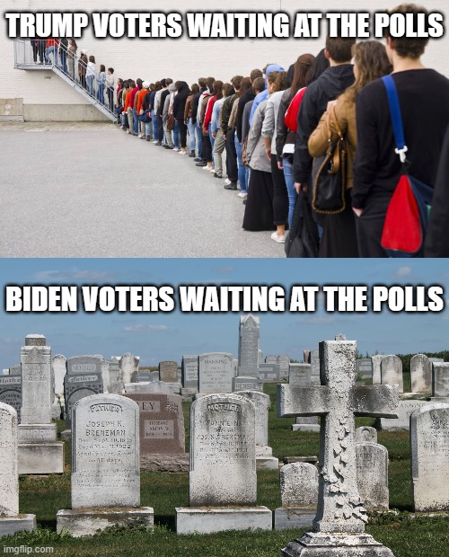 TRUMP VOTERS WAITING AT THE POLLS BIDEN VOTERS WAITING AT THE POLLS | image tagged in waiting in line,cemetary | made w/ Imgflip meme maker