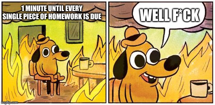 Every student has this incident at least once | WELL F*CK; 1 MINUTE UNTIL EVERY SINGLE PIECE OF HOMEWORK IS DUE | image tagged in this is fine blank | made w/ Imgflip meme maker