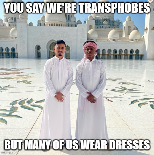 Mosque | YOU SAY WE'RE TRANSPHOBES; BUT MANY OF US WEAR DRESSES | image tagged in mosque | made w/ Imgflip meme maker