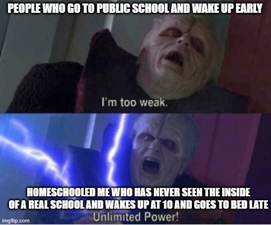 I'm homeschooled and have been my whole life | PEOPLE WHO GO TO PUBLIC SCHOOL AND WAKE UP EARLY; HOMESCHOOLED ME WHO HAS NEVER SEEN THE INSIDE OF A REAL SCHOOL AND WAKES UP AT 10 AND GOES TO BED LATE | image tagged in too weak unlimited power | made w/ Imgflip meme maker