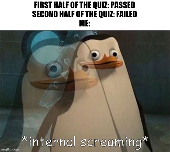 50/50 | FIRST HALF OF THE QUIZ: PASSED
SECOND HALF OF THE QUIZ: FAILED
ME: | image tagged in private internal screaming,memes,funny,insane,school | made w/ Imgflip meme maker