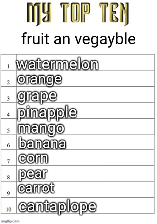 Top ten list better | fruit an vegayble; watermelon; orange; grape; pinapple; mango; banana; corn; pear; carrot; cantaplope | image tagged in top ten list better | made w/ Imgflip meme maker