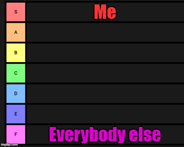 Felt like ranking users | Me; Everybody else | image tagged in tier list | made w/ Imgflip meme maker