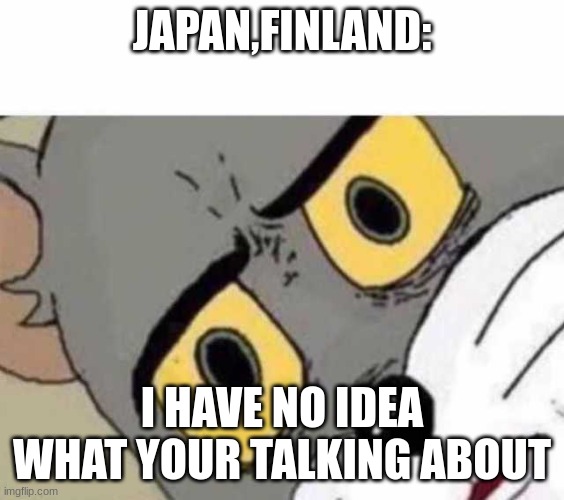 Tom Cat Unsettled Close up | JAPAN,FINLAND: I HAVE NO IDEA WHAT YOUR TALKING ABOUT | image tagged in tom cat unsettled close up | made w/ Imgflip meme maker