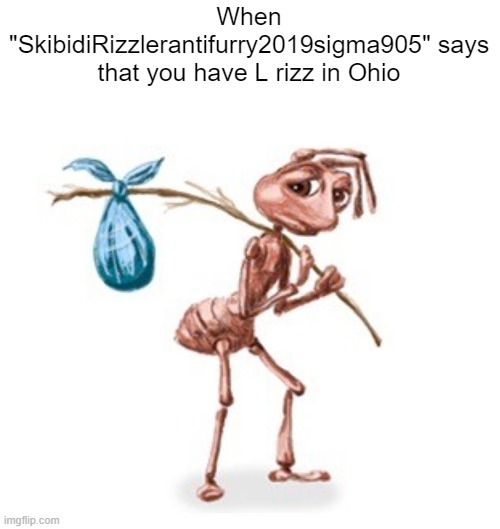 Sad Ant with Bindle | When "SkibidiRizzlerantifurry2019sigma905" says that you have L rizz in Ohio | image tagged in sad ant with bindle | made w/ Imgflip meme maker