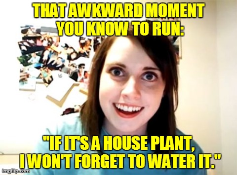 Overly Attached Girlfriend | THAT AWKWARD MOMENT YOU KNOW TO RUN: "IF IT'S A HOUSE PLANT, I WON'T FORGET TO WATER IT." | image tagged in memes,overly attached girlfriend | made w/ Imgflip meme maker