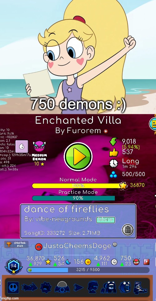 250 to go until 1000 | 750 demons :) | image tagged in geometry dash,achievement,star vs the forces of evil | made w/ Imgflip meme maker