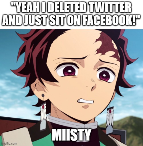 Tanjiro Disgusted | "YEAH I DELETED TWITTER AND JUST SIT ON FACEBOOK!"; MIISTY | image tagged in tanjiro disgusted | made w/ Imgflip meme maker