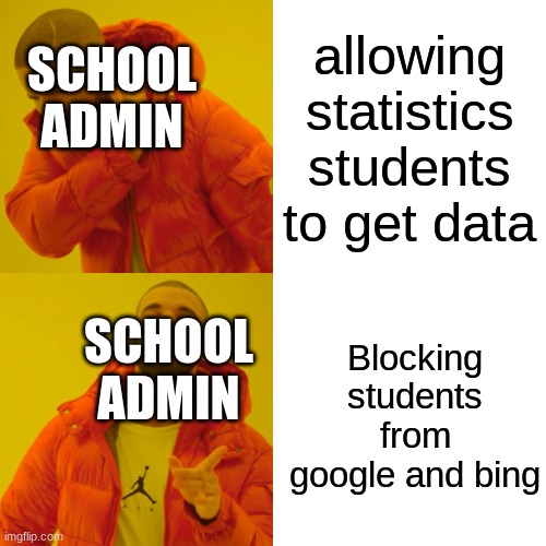 School complaints | allowing statistics students to get data; SCHOOL ADMIN; Blocking students from google and bing; SCHOOL ADMIN | image tagged in memes,drake hotline bling,school,school meme | made w/ Imgflip meme maker