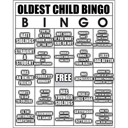 Oldest Child Bingo Blank Meme Template