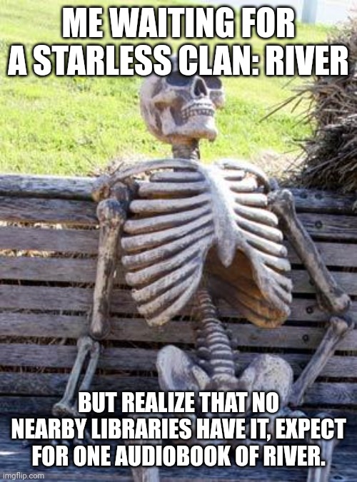 Bruh | ME WAITING FOR A STARLESS CLAN: RIVER; BUT REALIZE THAT NO NEARBY LIBRARIES HAVE IT, EXPECT FOR ONE AUDIOBOOK OF RIVER. | image tagged in memes,waiting skeleton,bruhh | made w/ Imgflip meme maker