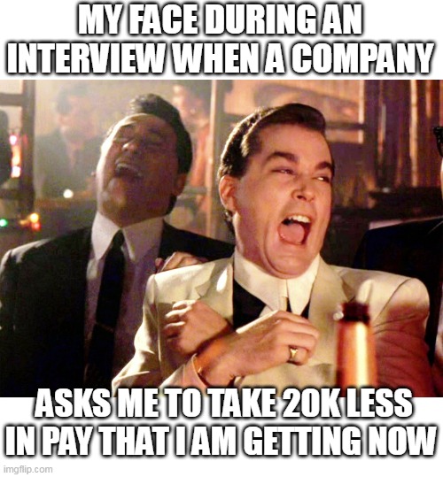 My face during an interview when a company | MY FACE DURING AN INTERVIEW WHEN A COMPANY; ASKS ME TO TAKE 20K LESS IN PAY THAT I AM GETTING NOW | image tagged in memes,good fellas hilarious,interview,job interview,paycheck | made w/ Imgflip meme maker