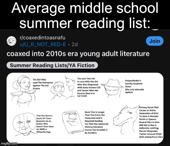 Average 2010s summer reading list | Average middle school summer reading list: | made w/ Imgflip meme maker