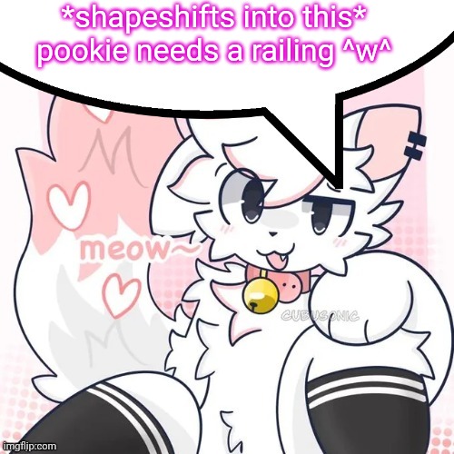 Pookie needs a railing ^w^ | *shapeshifts into this* pookie needs a railing ^w^ | image tagged in femboy boykisser speech bubble | made w/ Imgflip meme maker