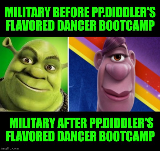 Funny | MILITARY BEFORE PP.DIDDLER'S FLAVORED DANCER BOOTCAMP; MILITARY AFTER PP.DIDDLER'S FLAVORED DANCER BOOTCAMP | image tagged in funny,woke,military humor,hip hop,hollywood liberals,scumbag hollywood | made w/ Imgflip meme maker