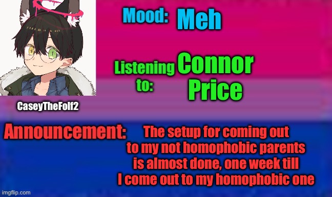 CaseyTheFolf2 Announcement Template | Meh; Connor Price; The setup for coming out to my not homophobic parents is almost done, one week till I come out to my homophobic one | image tagged in caseythefolf2 announcement template | made w/ Imgflip meme maker
