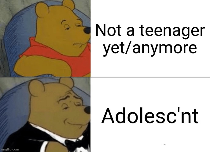 Reupload because i just wanted to fix it a tiny bit... What is wrong with me- | Not a teenager yet/anymore; Adolesc'nt | image tagged in memes,tuxedo winnie the pooh | made w/ Imgflip meme maker