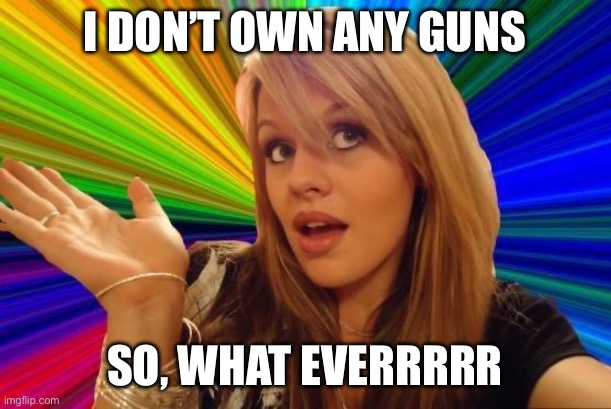 Dumb Blonde Meme | I DON’T OWN ANY GUNS SO, WHAT EVERRRRR | image tagged in memes,dumb blonde | made w/ Imgflip meme maker