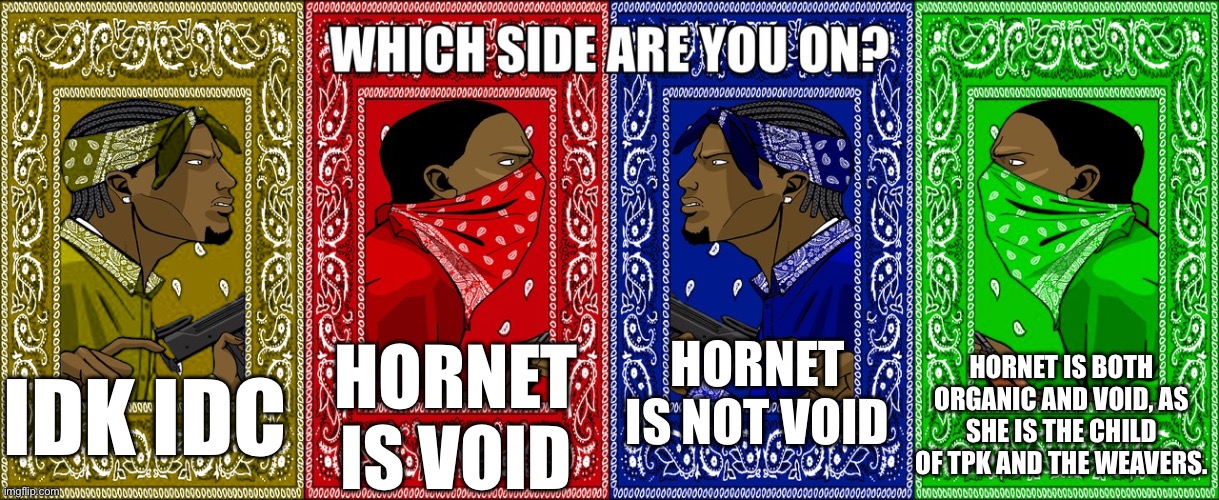 Which side are you on (Four Sides) | HORNET IS NOT VOID; IDK IDC; HORNET IS VOID; HORNET IS BOTH ORGANIC AND VOID, AS SHE IS THE CHILD OF TPK AND THE WEAVERS. | image tagged in which side are you on four sides,hollow knight,hornet,hk,void,i chose green lol | made w/ Imgflip meme maker