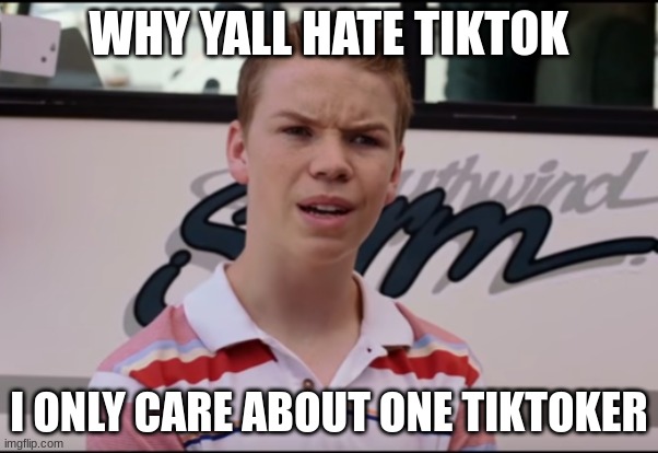 I never look at other accounts other than one. Why y'all hate it so much. | WHY YALL HATE TIKTOK; I ONLY CARE ABOUT ONE TIKTOKER | image tagged in you guys are getting paid | made w/ Imgflip meme maker