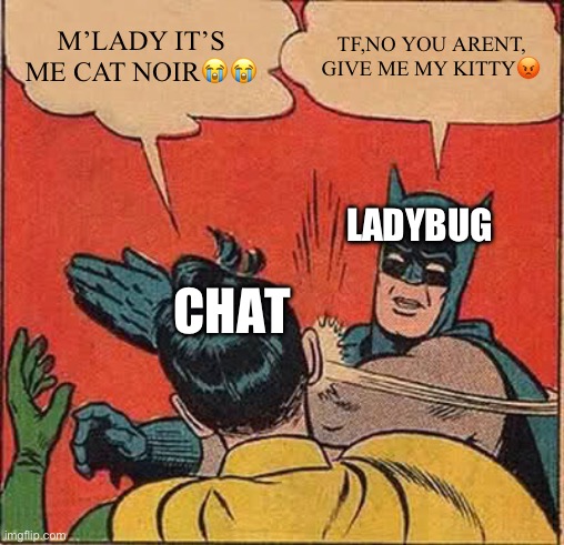 She knew it was felix? | M’LADY IT’S ME CAT NOIR😭😭; TF,NO YOU ARENT, GIVE ME MY KITTY😡; LADYBUG; CHAT | image tagged in memes,batman slapping robin | made w/ Imgflip meme maker
