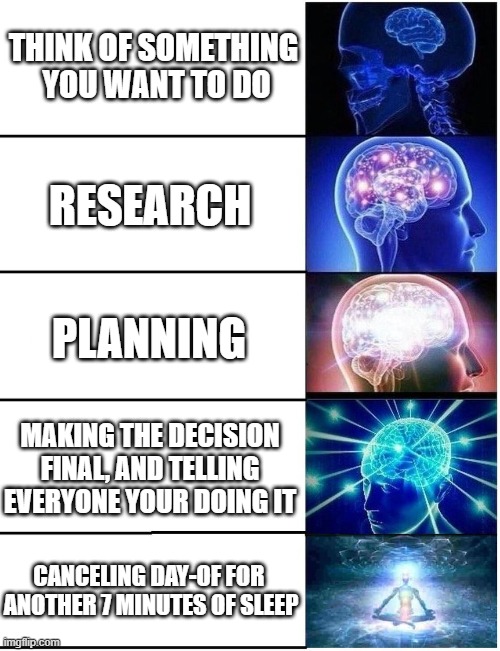 Expanding Brain 5 Panel | THINK OF SOMETHING
 YOU WANT TO DO; RESEARCH; PLANNING; MAKING THE DECISION FINAL, AND TELLING EVERYONE YOUR DOING IT; CANCELING DAY-OF FOR 
ANOTHER 7 MINUTES OF SLEEP | image tagged in expanding brain 5 panel | made w/ Imgflip meme maker