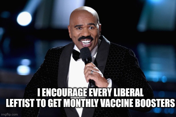 Steve Harvey | I ENCOURAGE EVERY LIBERAL LEFTIST TO GET MONTHLY VACCINE BOOSTERS | image tagged in steve harvey | made w/ Imgflip meme maker